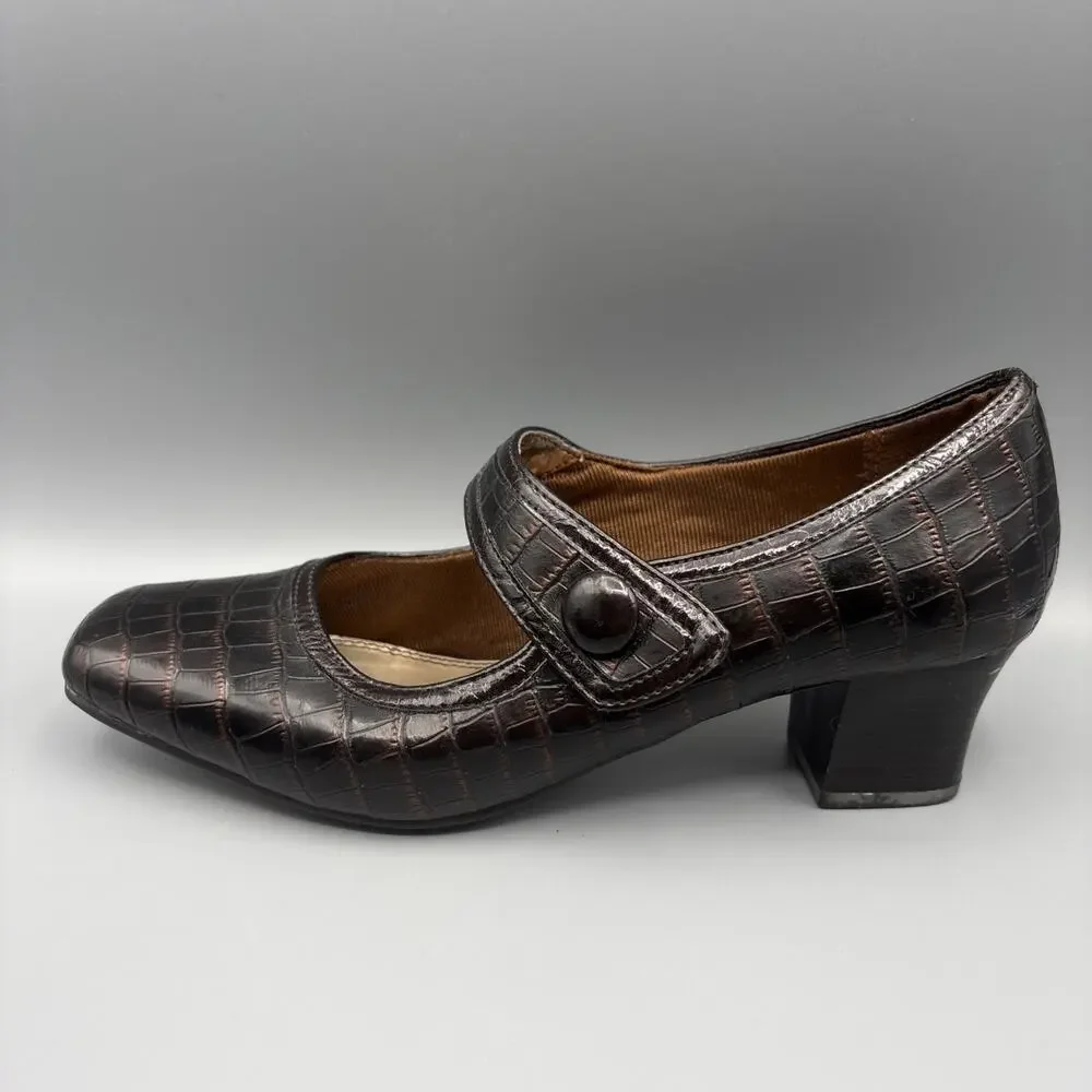 Lifestride Heels Size 8 Brown Mary Jane Square Toe Dark Academia Twee Crocodile
